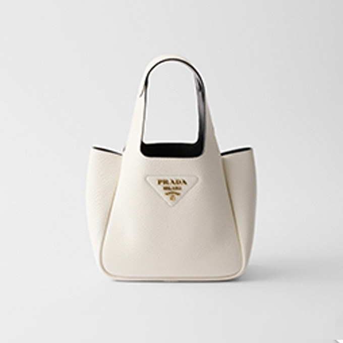 prada pebbled leather mini tote handbag with triangle metal logo
